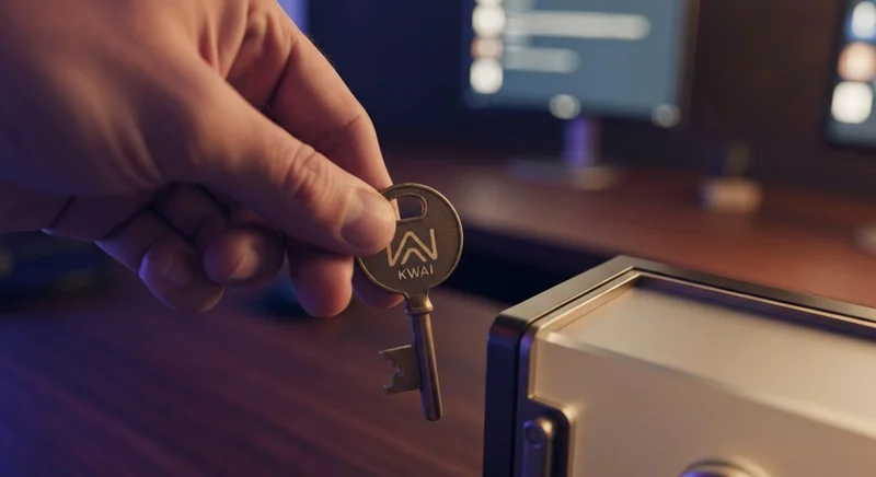 Llave de latón con Kwai logotipo junto a bóveda Facebook