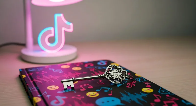 Llave decorada sobre cuaderno temático de TikTok en escritorio