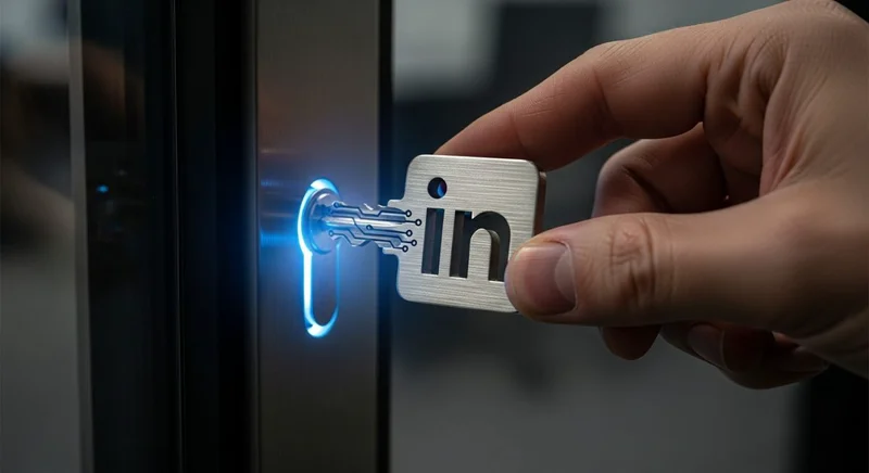 Llave personalizada con logo de LinkedIn insertándola en puerta moderna