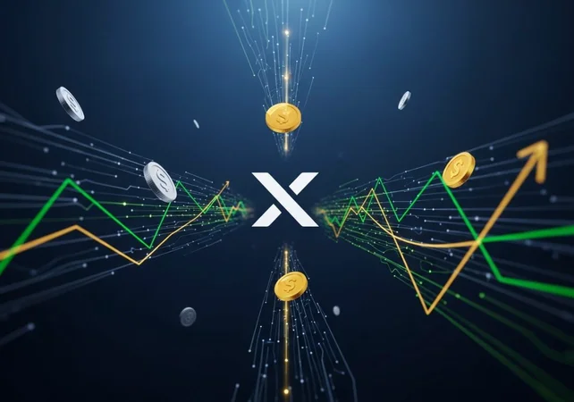 logo de X con lineas de color verde y dorado con monedas doradas y plateadas