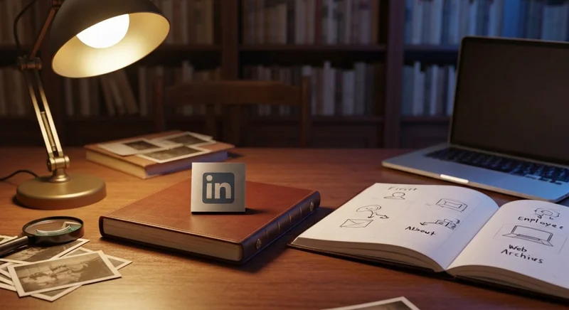 Logo LinkedIn grabado en placa metálica sobre cuaderno cuero viejo