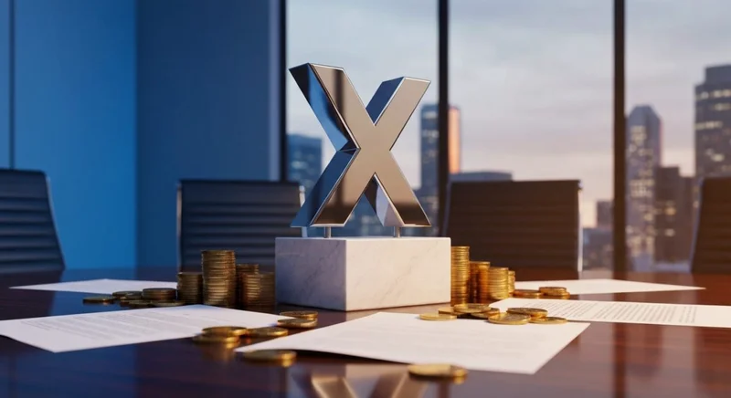 Logotipo X gigante sobre pedestal de mármol rodeado por monedas