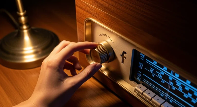 Mano ajustando la perilla de radio vintage con el logo de Facebook en escritorio cálido