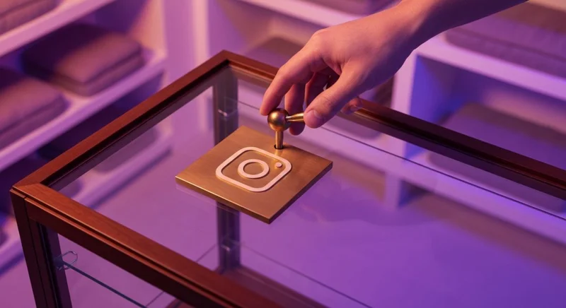 Mano alcanza palanca en vitrina de vidrio con logo Instagram