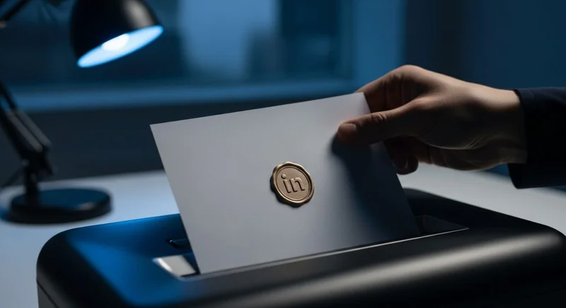 Mano alimentando documento con logo de LinkedIn en trituradora moderna