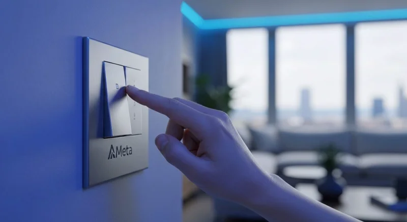 Mano apagando interruptor de pared con logo Meta en placa