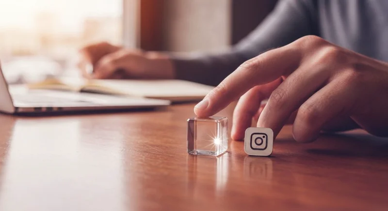 Mano coloca cubo de cristal sobre mesa café urbano Instagram