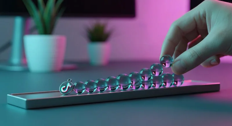 Mano coloca cuenta entre cuentas de vidrio con logo TikTok