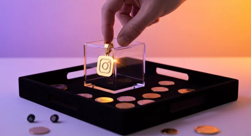 Mano coloca un colgante dorado con logo Instagram en vitrina