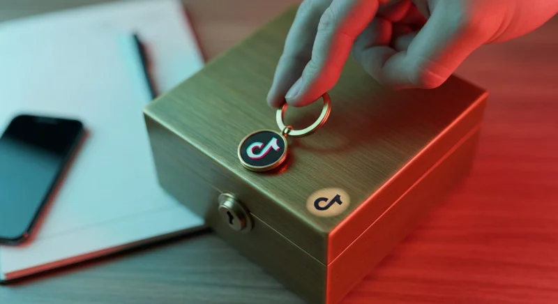 Mano con llavero de latón y logo TikTok ante caja