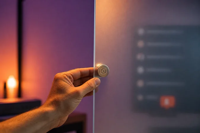 Mano deslizante sobre panel de vidrio esmerilado con logotipo Instagram