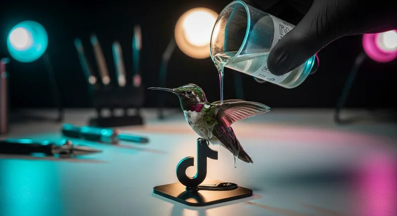 Mano enguantada vertiendo resina sobre colibrí disecado brillante sobre logo de TikTok