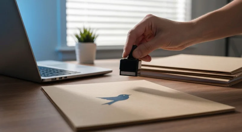 Mano estampando logotipo de ave minimalista en carpeta manila archivística