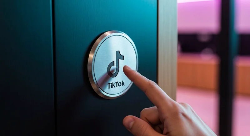 Mano frente a teclado circular con logo TikTok grabado metal