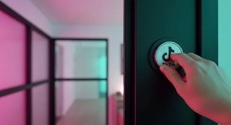 Mano girando dial de privacidad TikTok en puerta oscura moderna