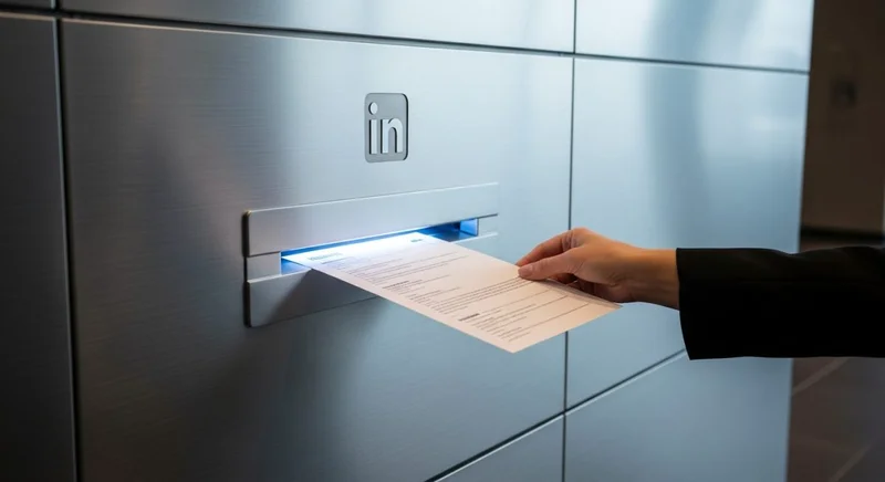Mano insertando currículum en ranura metálica con logo LinkedIn