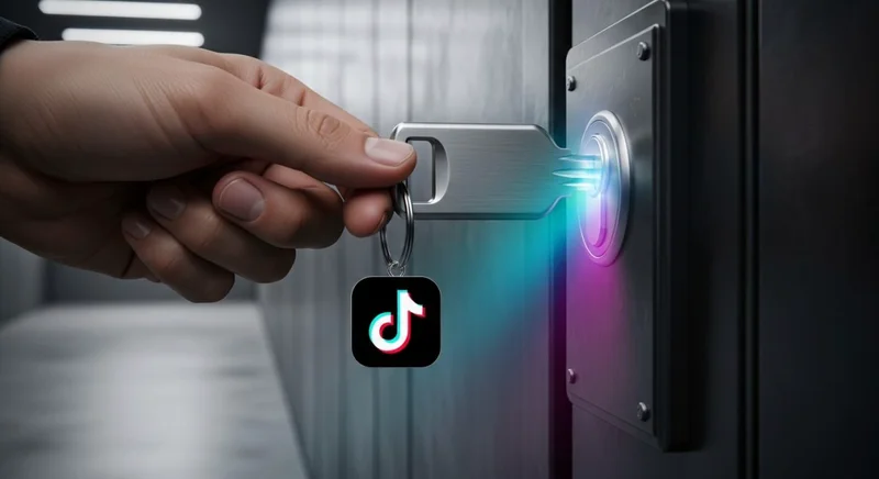 Mano insertando llave con logo TikTok en puerta metálica futurista