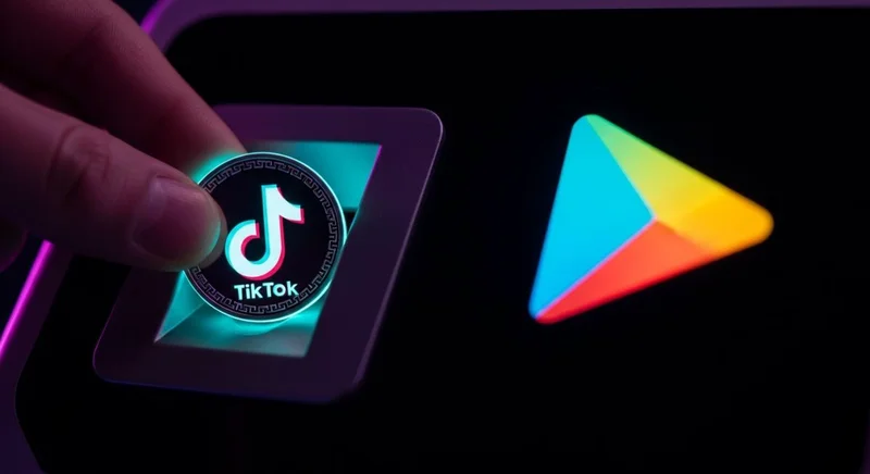 Mano insertando moneda de TikTok en máquina arcade con logo Google Play