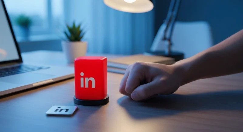 Mano presionando botón de pausa rojo junto al logotipo LinkedIn