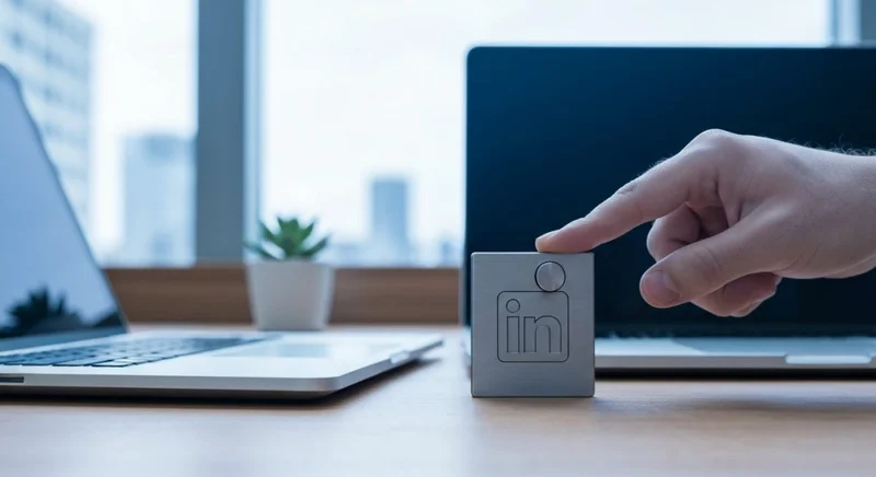 Mano profesional tocando interruptor de privacidad LinkedIn en portátil elegante
