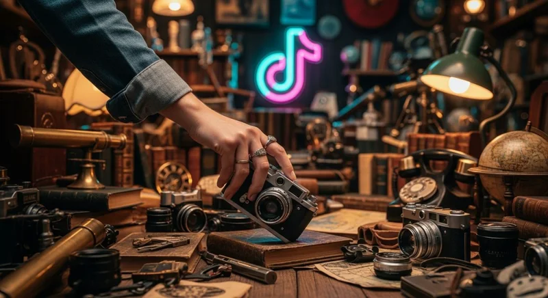 Mano recogiendo una cámara vintage en un mercado de antigüedades
