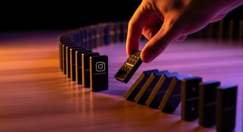 Mano retirando dominó con logo de Instagram iluminación dramática