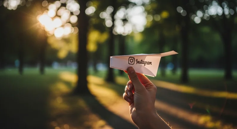 Mano soltando un avión de papel con logo de Instagram en parque sereno