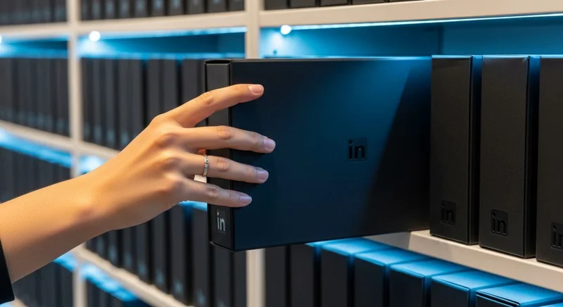 Mano sosteniendo caja negra con logo de LinkedIn en biblioteca minimalista