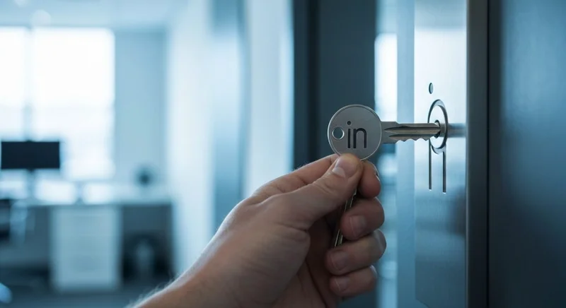Mano sosteniendo llave plateada con logo in en la cerradura