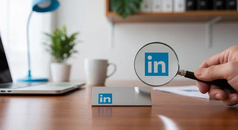 Mano sosteniendo lupa sobre placa de metal con logo LinkedIn