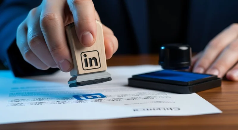Mano sosteniendo sello de goma con logo LinkedIn sobre documento
