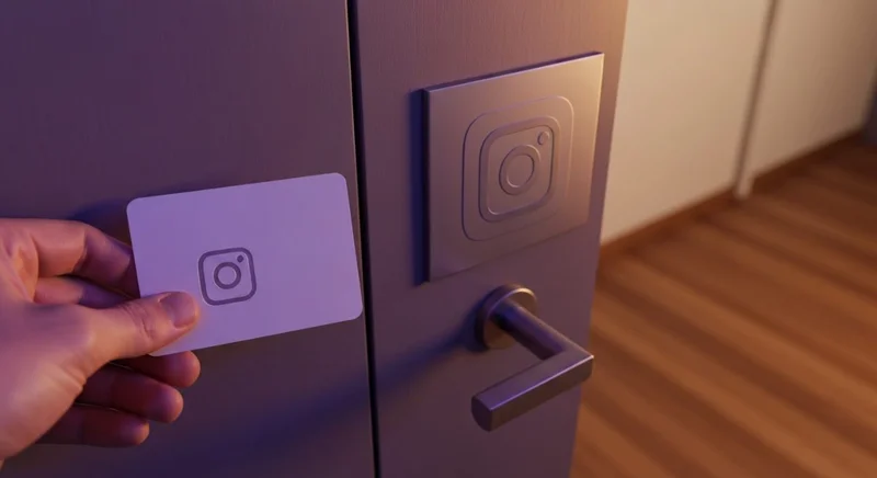 Mano sosteniendo tarjeta blanca con logotipo Instagram cerca puerta moderna