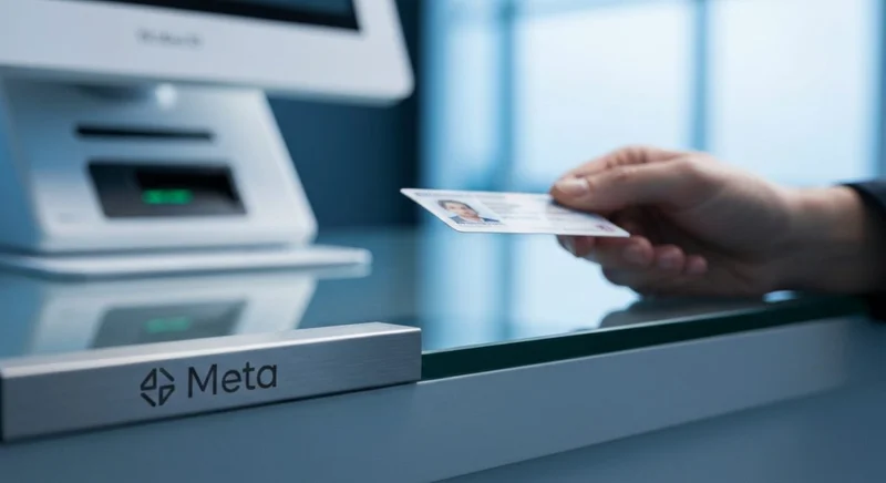 Mano sosteniendo tarjeta de identidad frente a kiosko con Meta