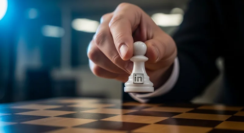 Mano sosteniendo una pieza de ajedrez blanca con logo de LinkedIn
