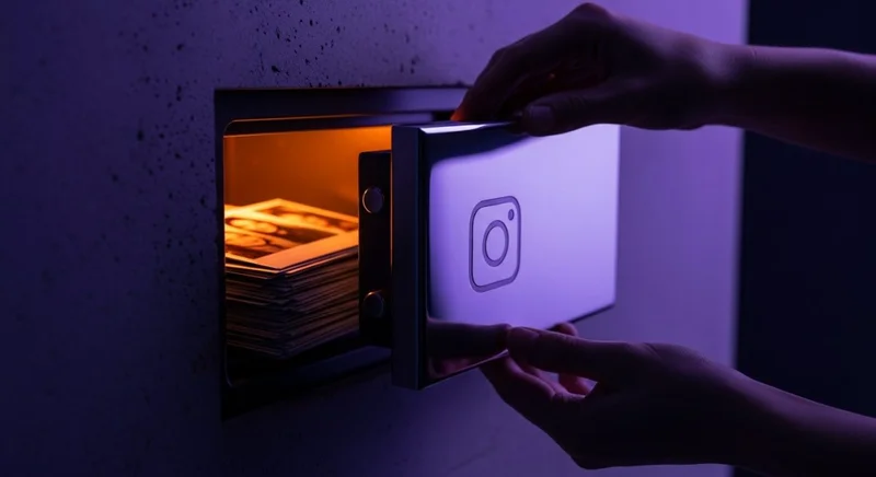 Manos abriendo caja fuerte futurista con logo de cámara Instagram grabado