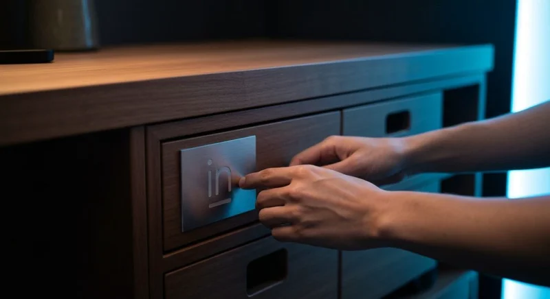Manos accediendo gabinete de nogal con logo in en escritorio