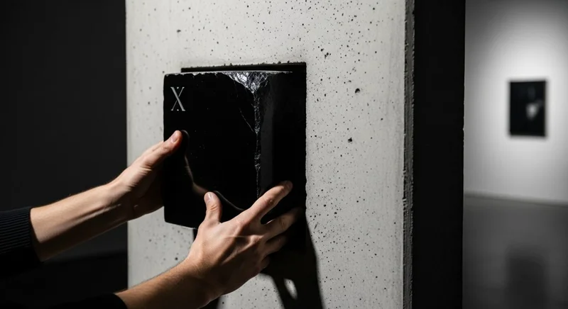 Manos ajustando bloque de obsidiana con logo X en pared concreta