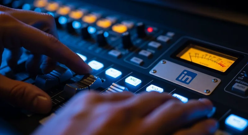 Manos ajustando los controles deslizantes de una consola de audio con el logotipo de LinkedIn grabado en relieve