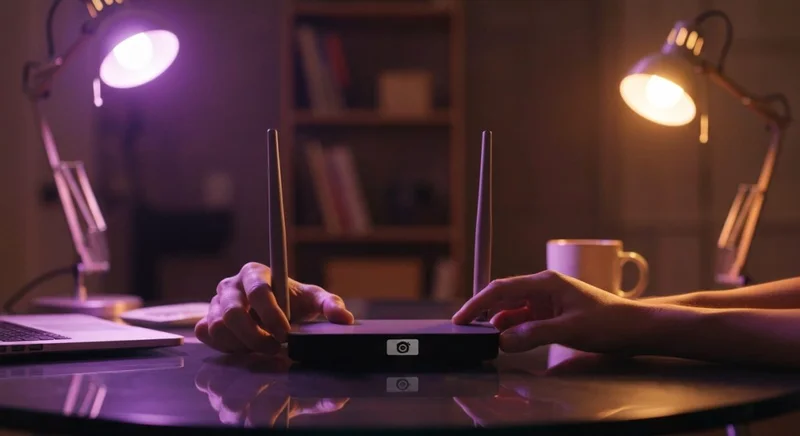 Manos ajustando router wifi moderno emblema de cámara sobre cristal