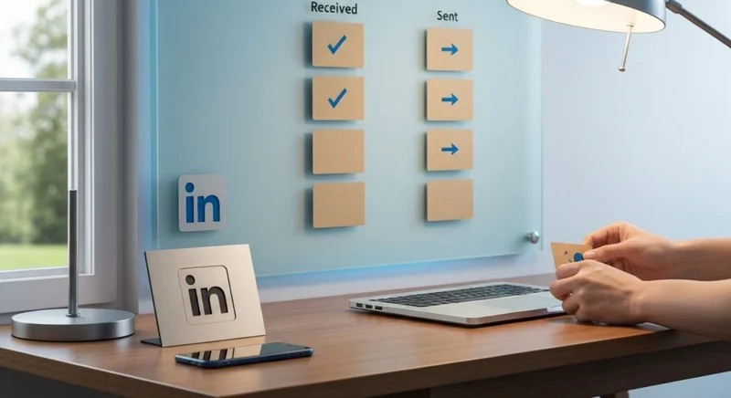 Manos clasificando tarjetas de recibidos y enviados con iluminación LinkedIn