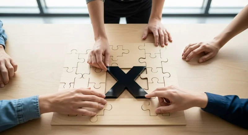 Manos colaborando para completar rompecabezas con pieza negra brillante en forma de X