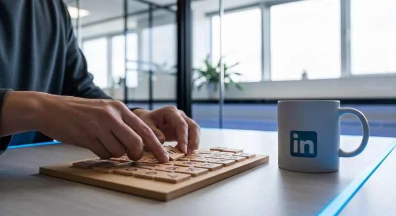 Manos colocando baldosa de madera sobre tablero de palabras LinkedIn