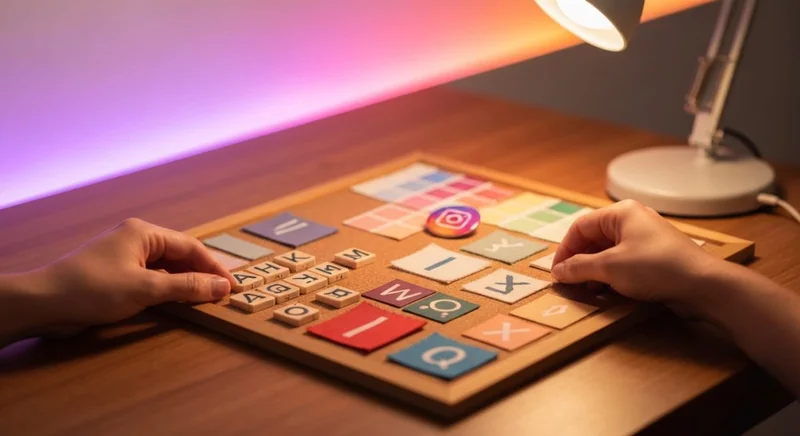 Manos colocando fichas decorativas sobre tablero de corcho con Instagram