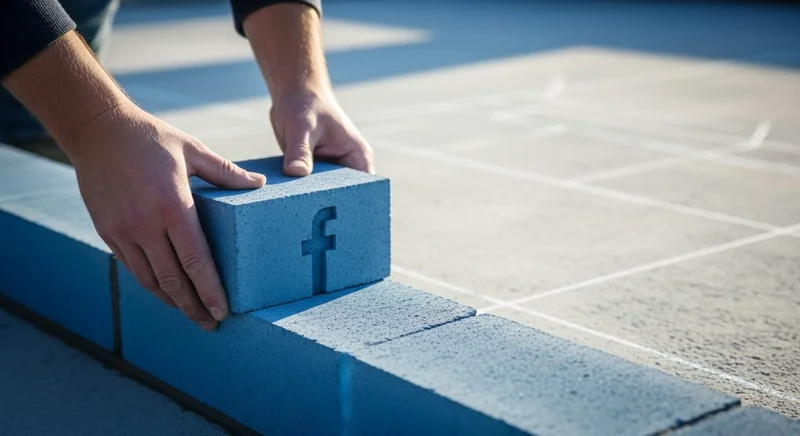Manos colocando un ladrillo azul con logo de Facebook en obra