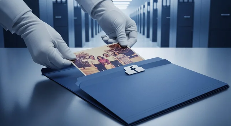 Manos con guantes guardan foto antigua en carpeta azul oscuro con logo de Facebook