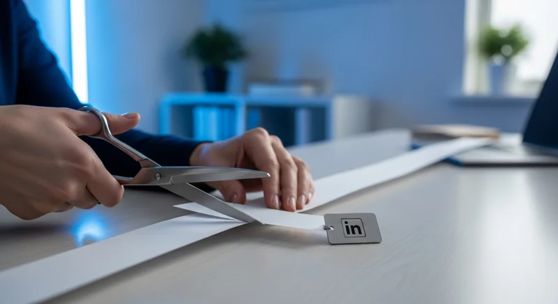 Manos con tijeras recortan tira de papel simbolizando acortar LinkedIn