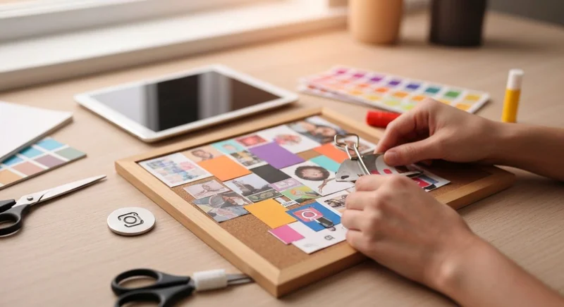 Manos de artista collage ensamblando tablero de Instagram en escritorio