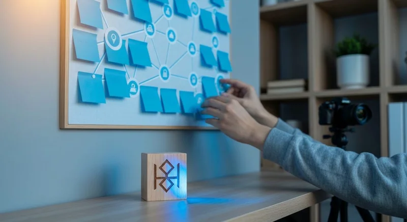 Manos de creador organizando tablero de crecimiento con notas azules