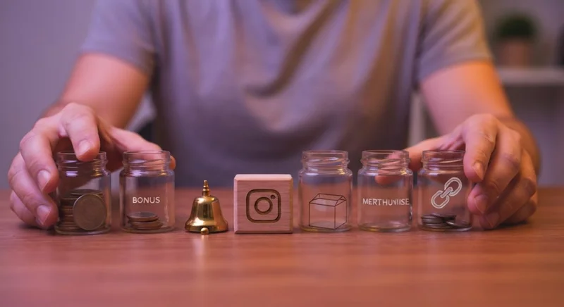 Manos de creador organizando tarros de ingresos Instagram con logo