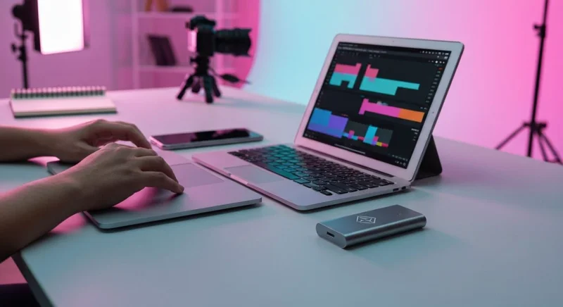 Manos de creador sobre portátil con tablet y móvil TikTok